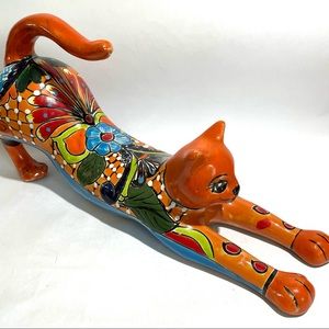 Talavera Stretching large Cat Handpainted Mexican Pottery Yoga Cat